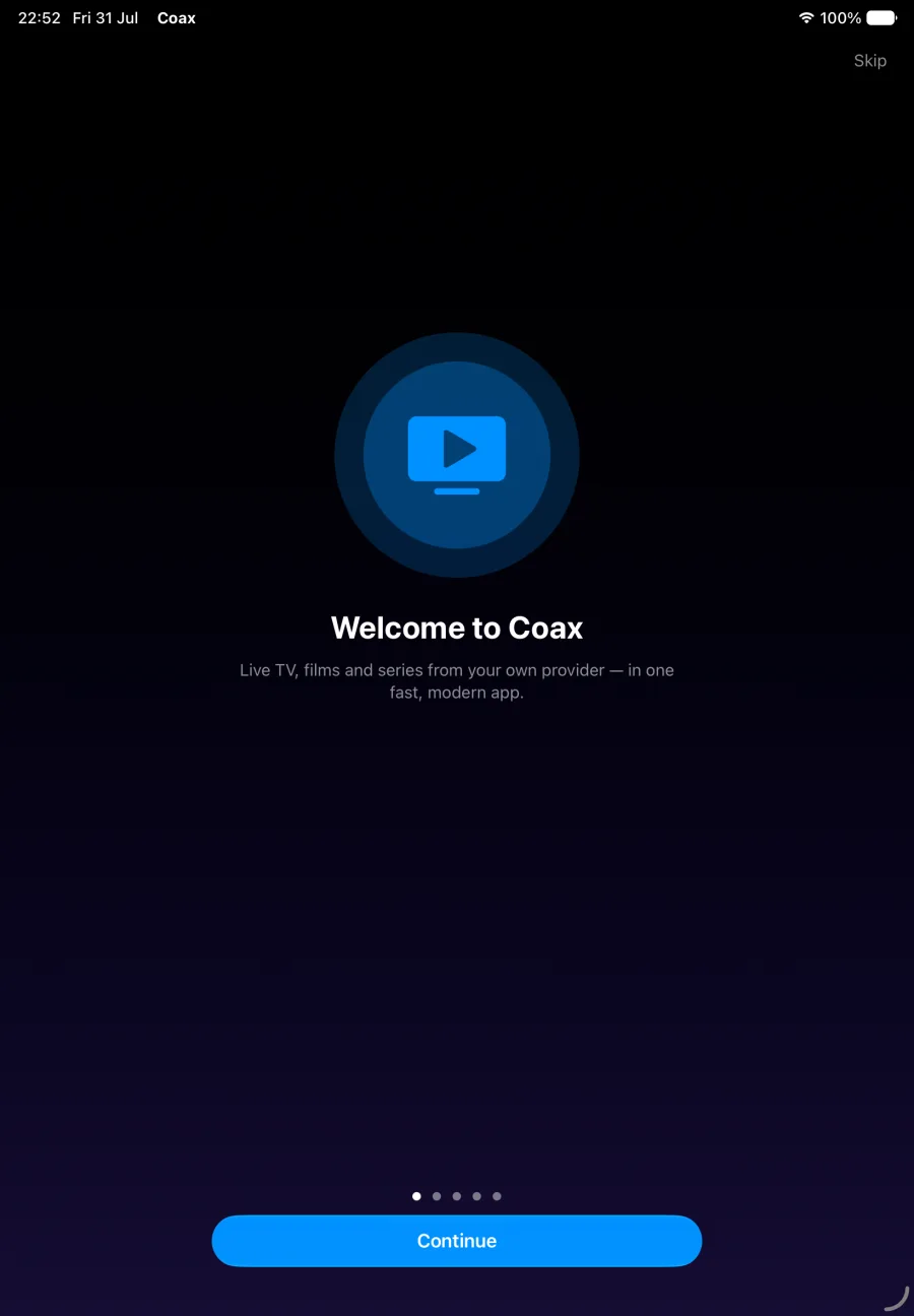 Coax welcome screen on iPad