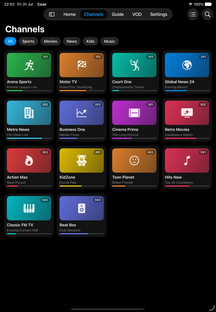 Coax channels grid on iPad
