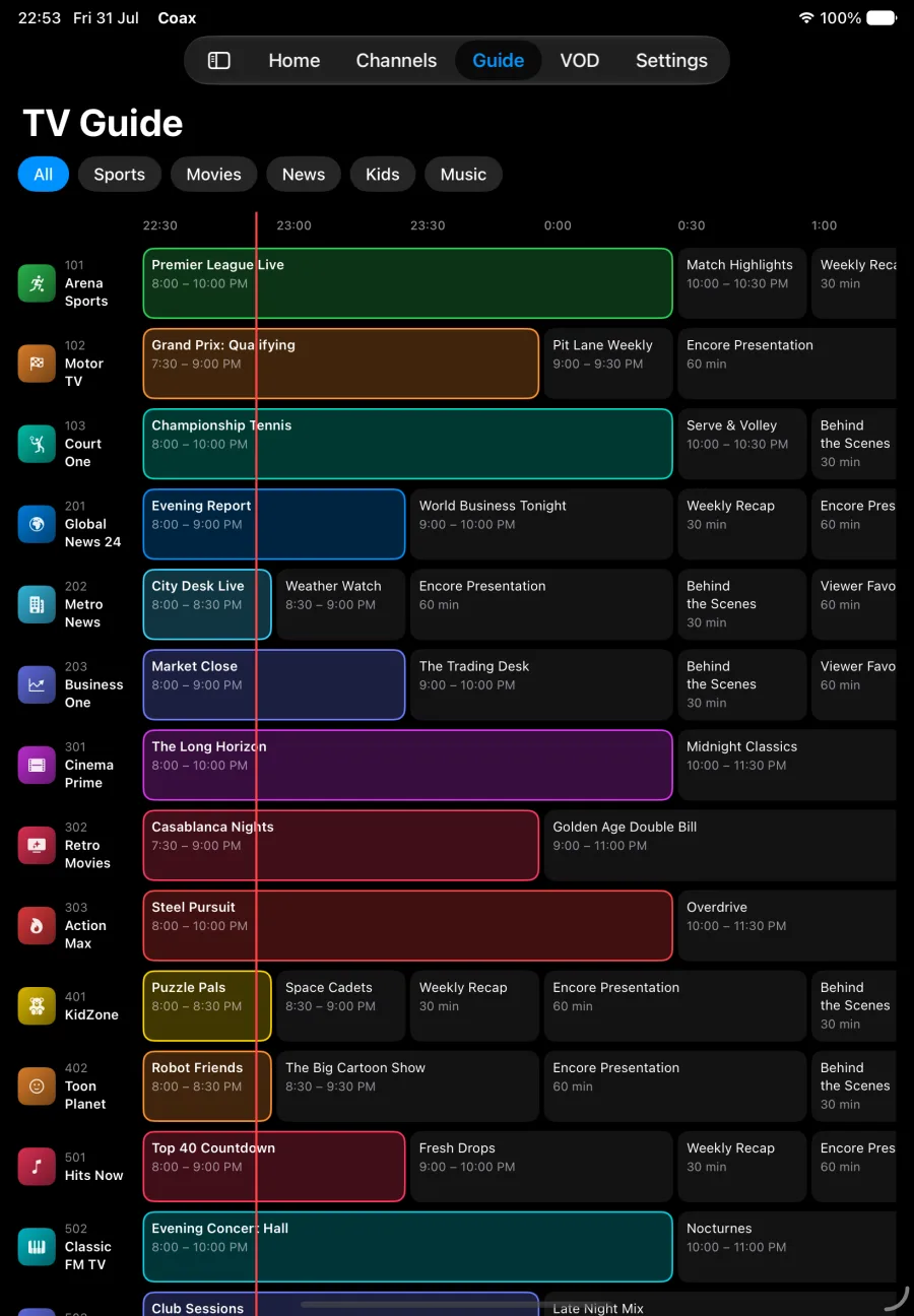 Coax TV guide EPG on iPad