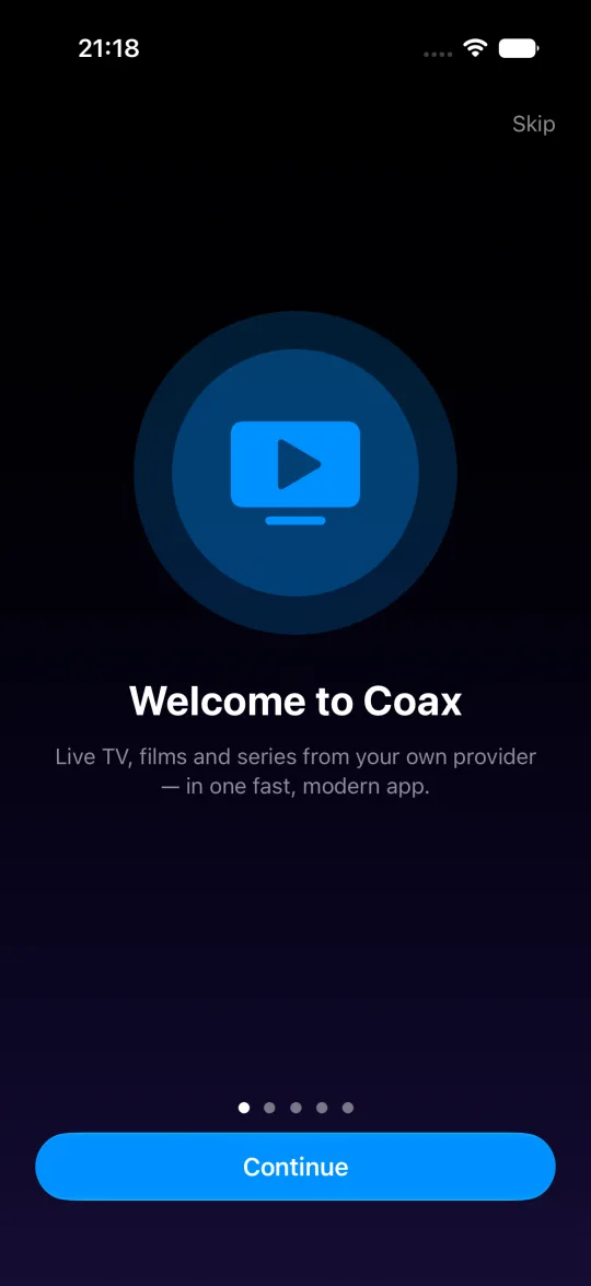 Coax welcome screen on iPhone