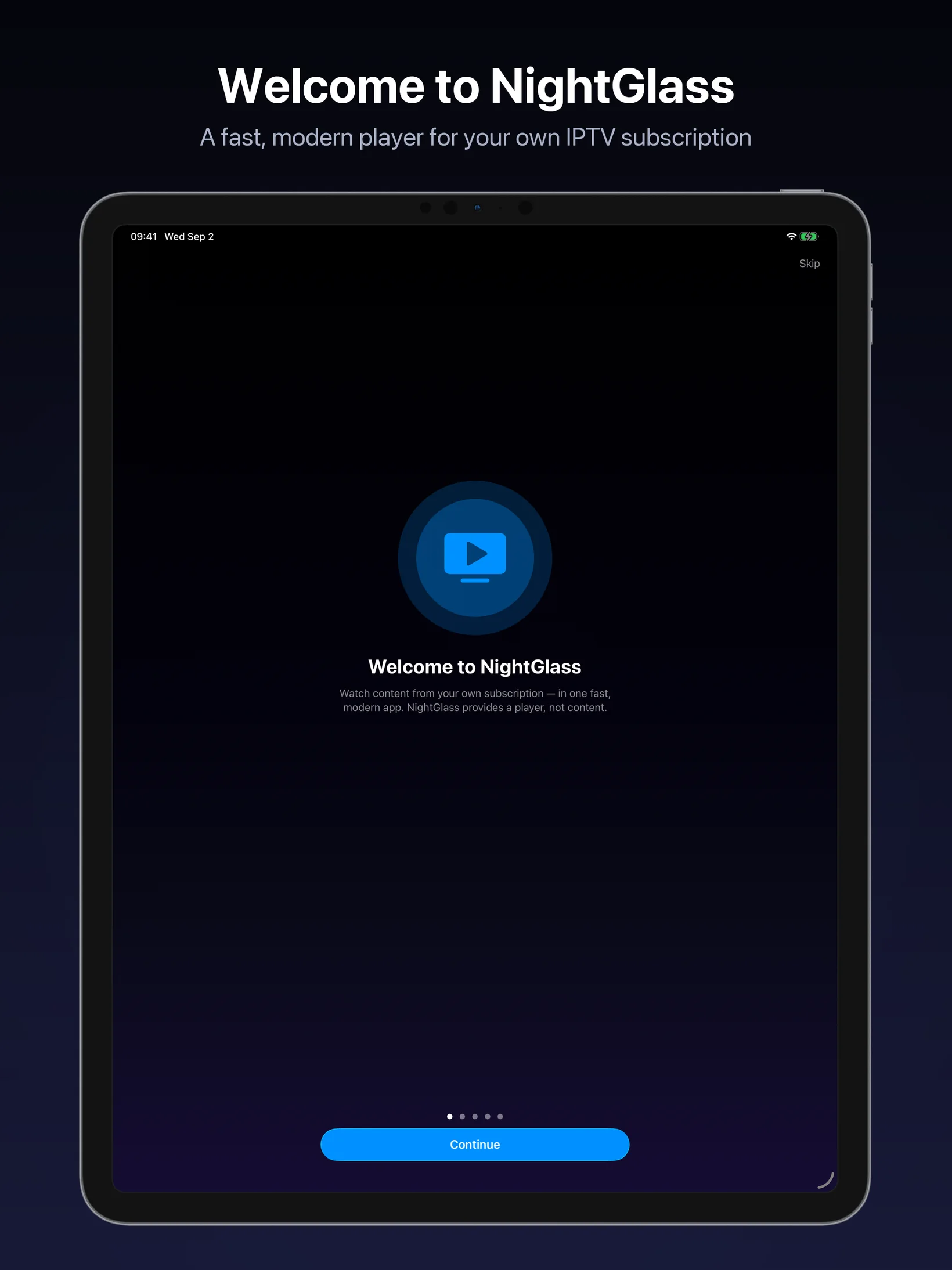 NightGlass welcome screen on iPad