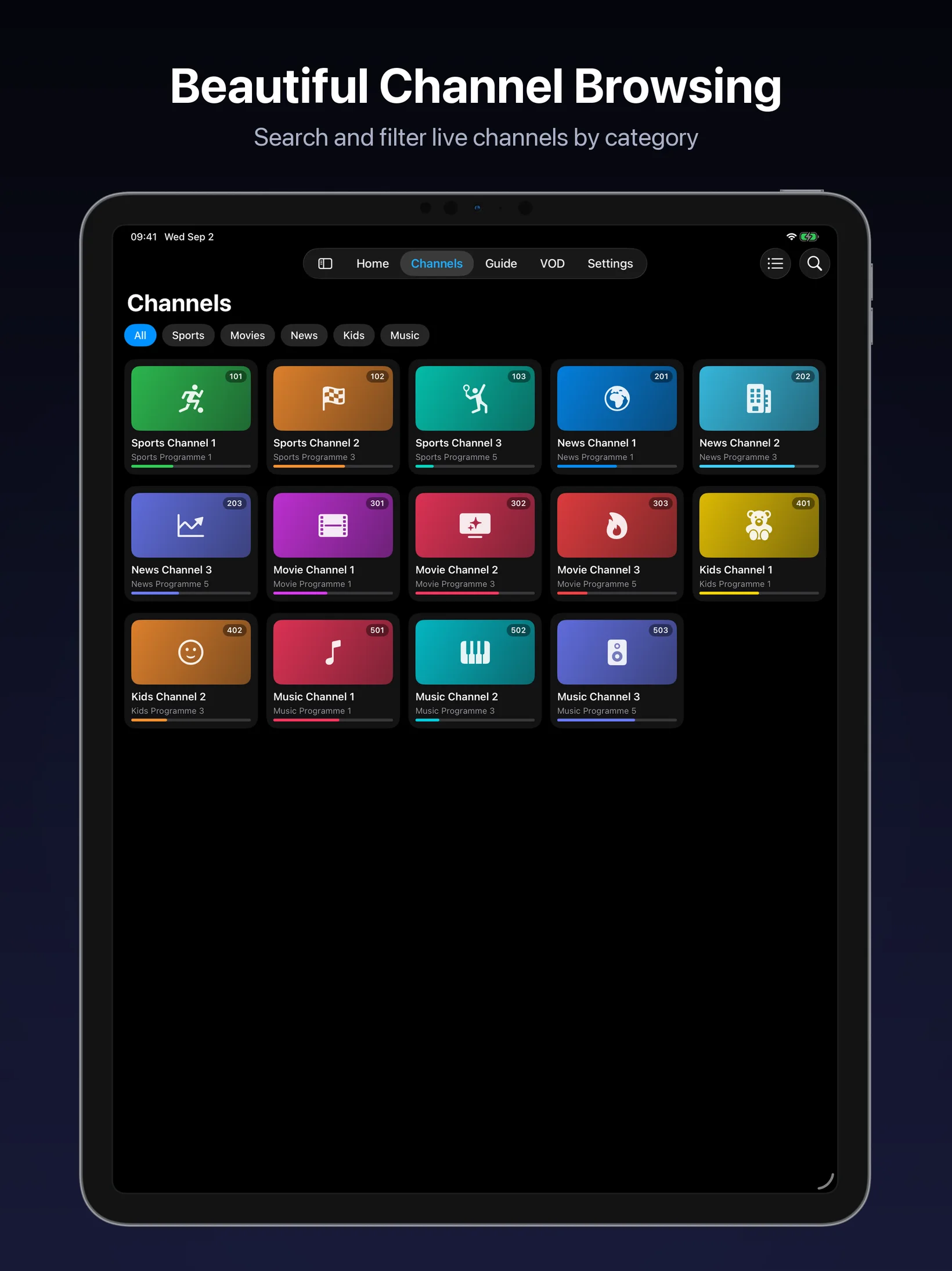 NightGlass channel browsing on iPad