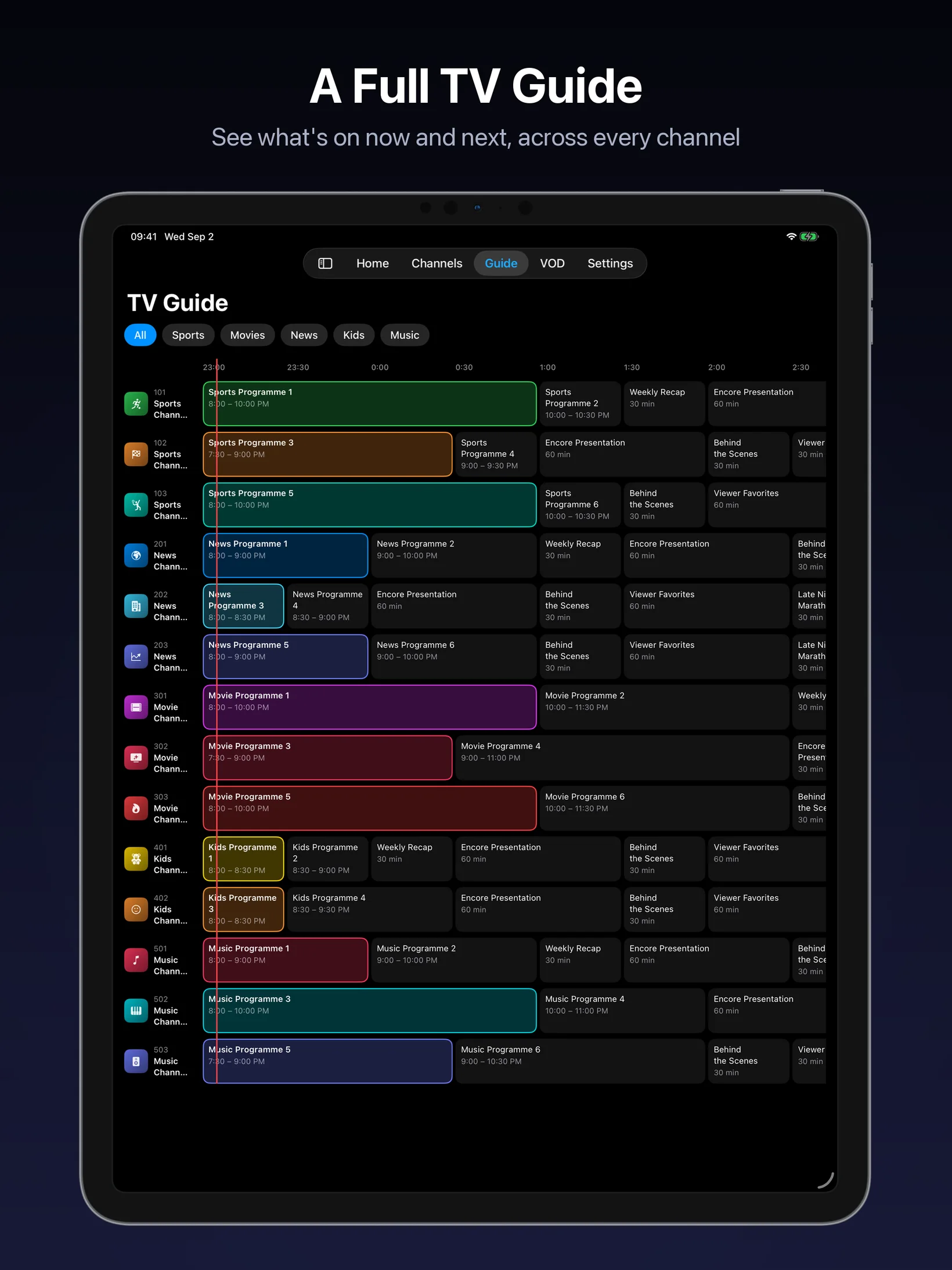 NightGlass full TV guide on iPad