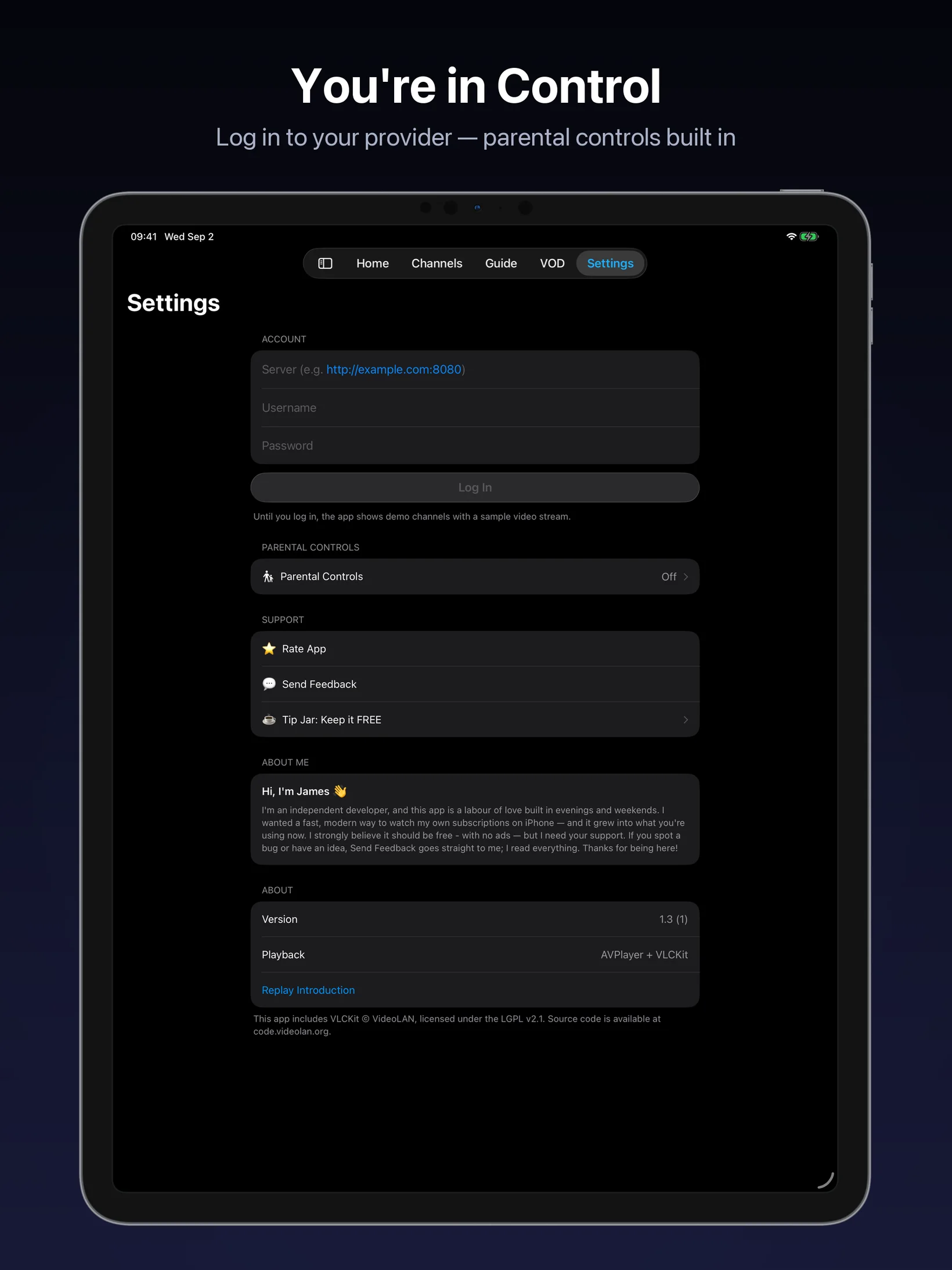 NightGlass settings and provider login on iPad