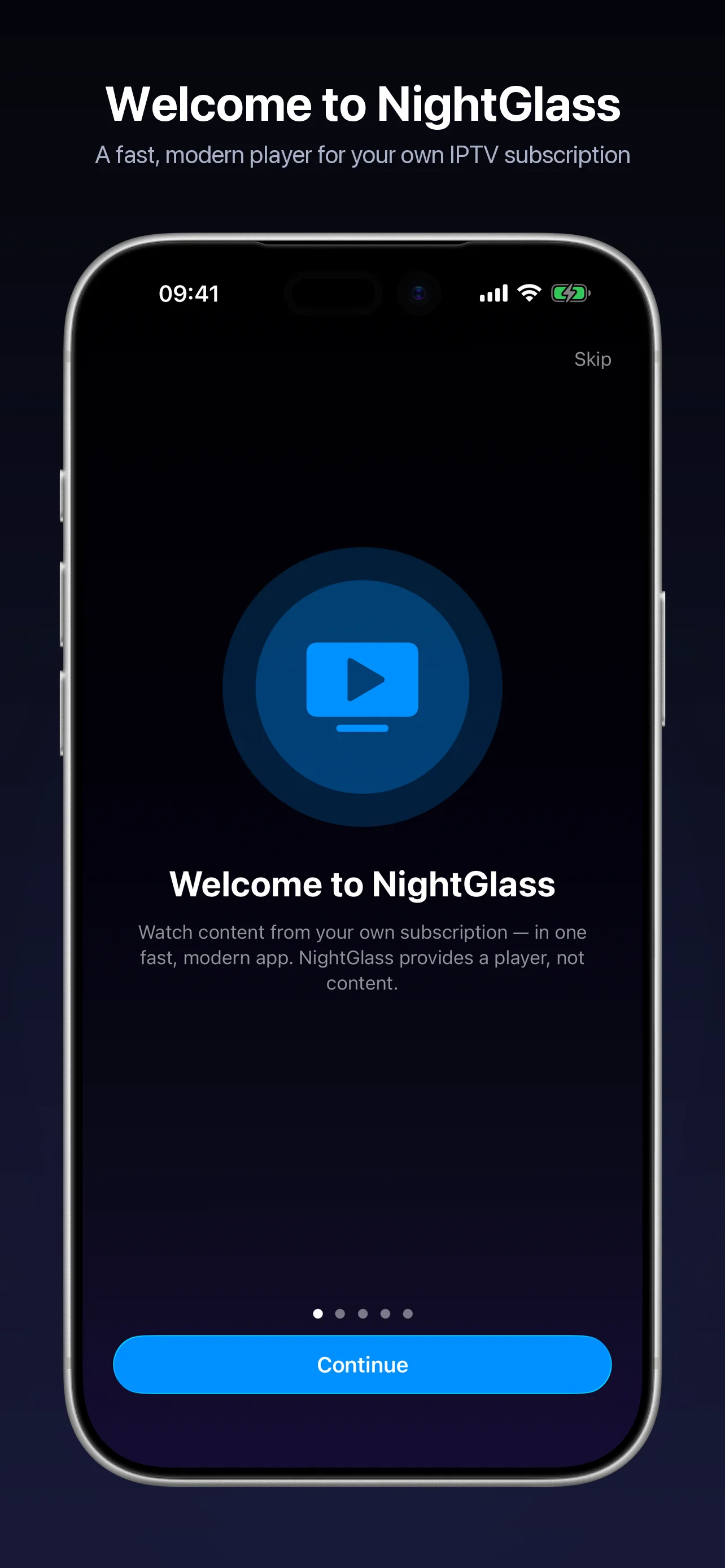 NightGlass welcome screen on iPhone