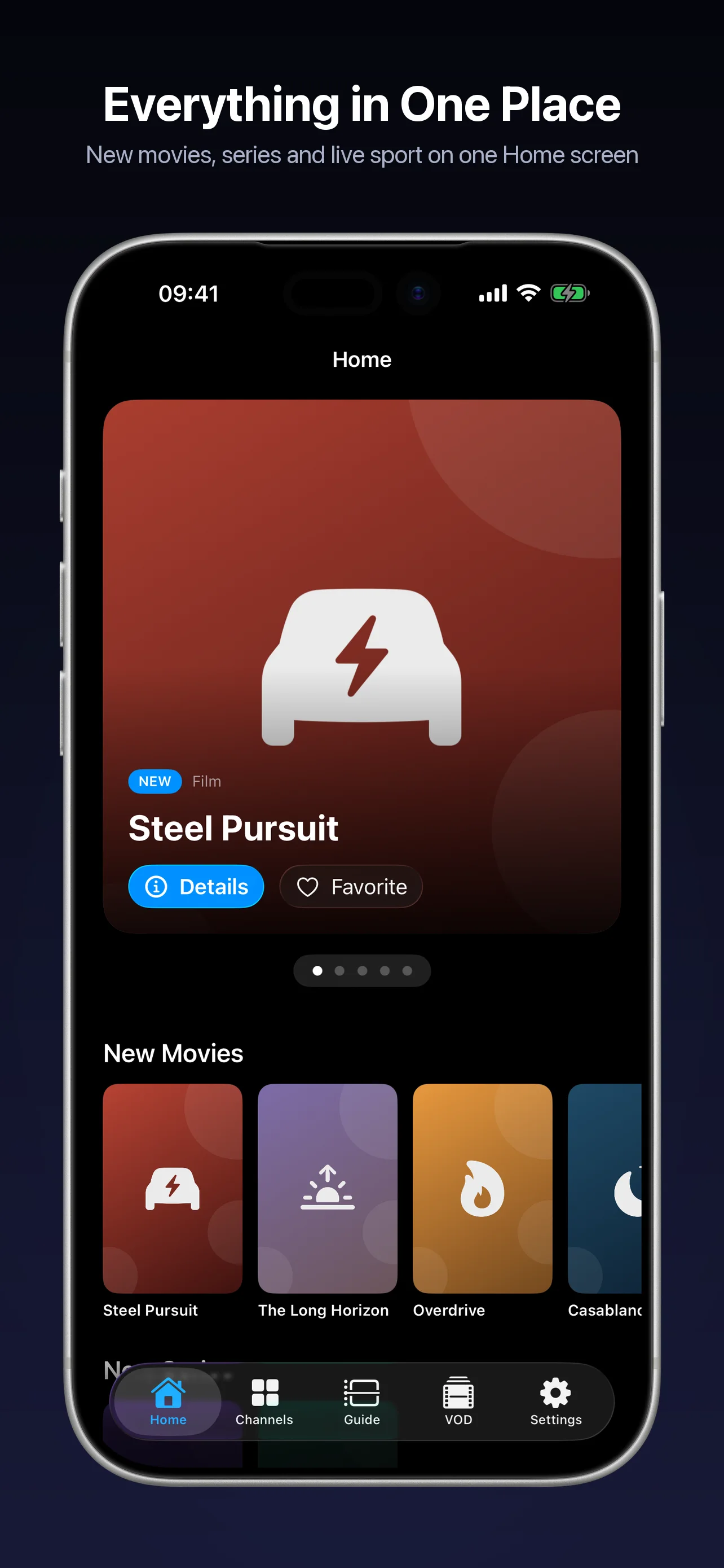 NightGlass home screen with new films, series and live sport on iPhone