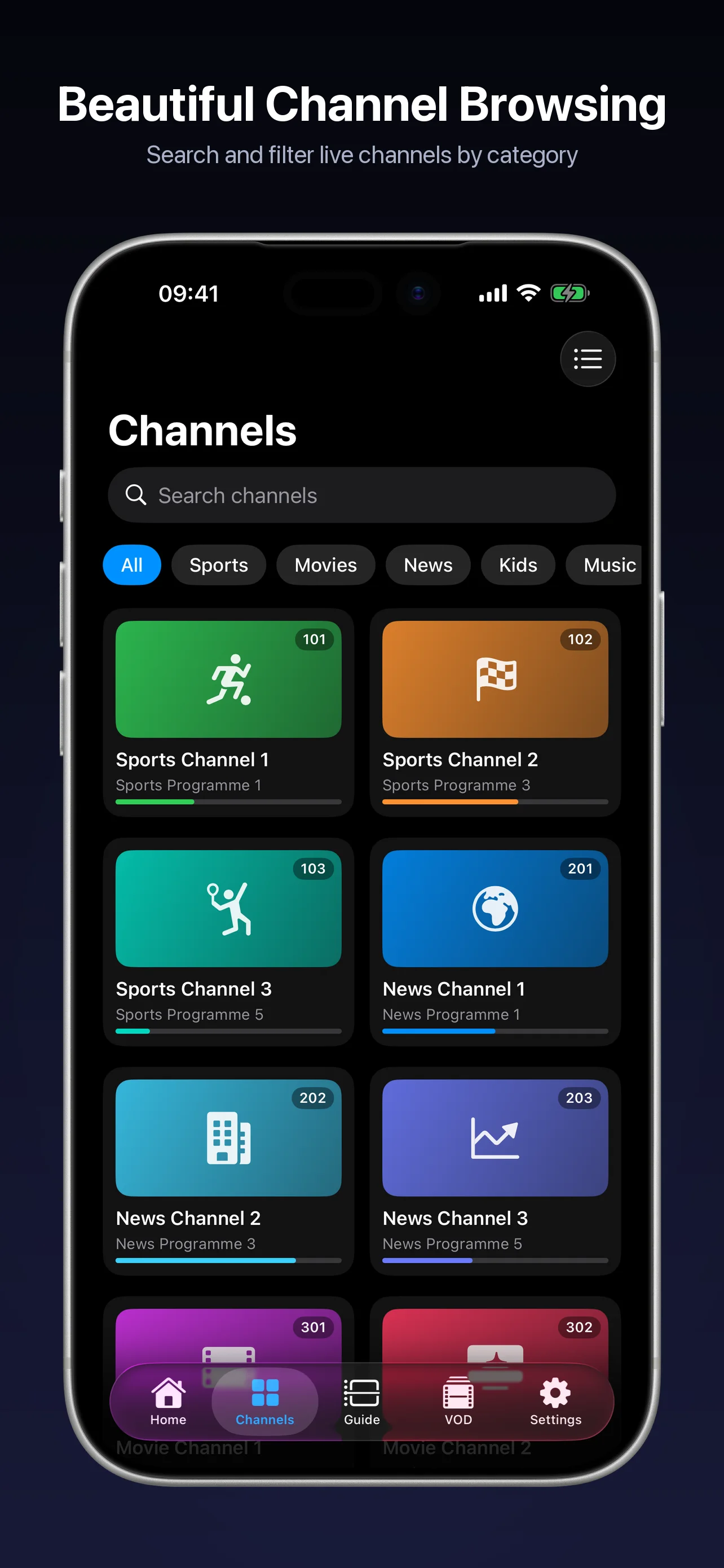 NightGlass channel browsing with search and category filters on iPhone