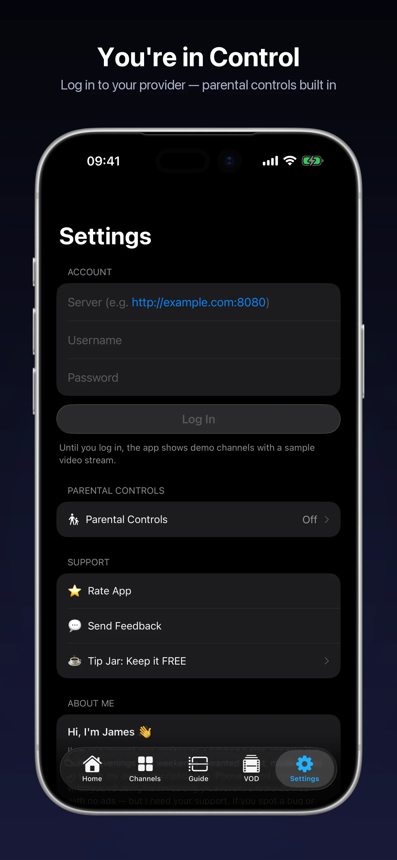 NightGlass settings and provider login on iPhone